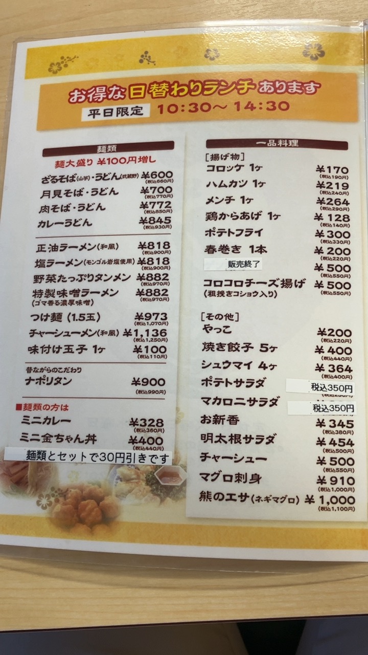金ちゃん食堂の平日限定ランチメニュー