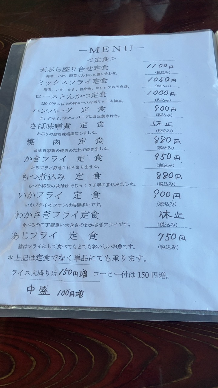 定食のメニュー